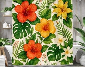 Tropical Floral Shower Curtain – Vibrant Hibiscus, Palm Leaves, Island Bathroom Decor, Colorful Waterproof Fabric, Custom Size Available