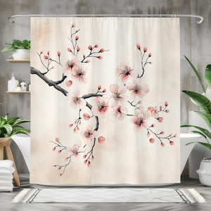 Japanese Cherry Blossom Bath Curtain - Elegant Bathroom Decor - Waterproof Fabric Shower Curtain - Sakura Floral Design