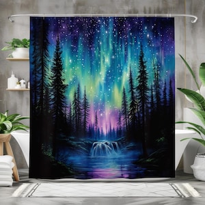 Aurora Borealis Shower Curtain, Waterproof Fabric Bath Curtain, Northern Lights Bathroom Decor, Mystical Forest Design, Starry Night