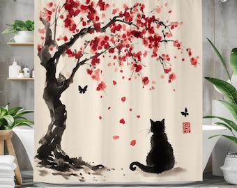 Black Cat and Cherry Blossom Tree Shower Curtain, Waterproof Fabric Bath Curtain, Japanese Ink Art Design, Elegant Nature Inspired Decor