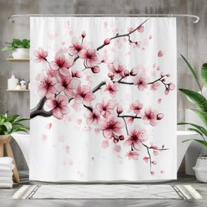 Cherry Blossom Shower Curtain, Waterproof Fabric Bath Curtain, Japanese Sakura Bathroom Decor, Pink Flower Zen Design, Japanese Art