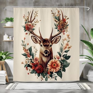 Rustic Deer Shower Curtain, Waterproof Fabric Bath Curtain with Floral Antler Design, Woodland Bathroom Decor, Nature-Inspired Art