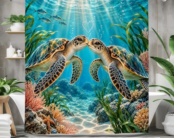 Sea Turtle Shower Curtain, Kissing Turtles Ocean Bathroom Decor, Tropical Coral Reef Art, Coastal Beach Bath Curtain, Sea Life Decor