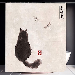 Cat Shower Curtain Japanese Ink Paintings Sumi-e Art Bath Decor Waterproof Washable Polyester Fabric Bathroom Curtains