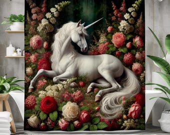Douchegordijn eenhoorn, badgordijn fantasiethema, badkamerdecor betoverde bloemen, grillige huisstijl