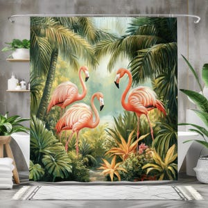 Flamingo Duschvorhang, Tropisches Badezimmer Dekor, Wasserdichter Stoff Badvorhang, Rosa Flamingos im Dschungel Design, Tropischer Duschvorhang