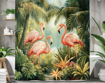 Tenda da doccia con fenicotteri, decorazione per il bagno tropicale, tenda da bagno in tessuto impermeabile, fenicotteri rosa nel design della giungla, tenda da doccia tropicale