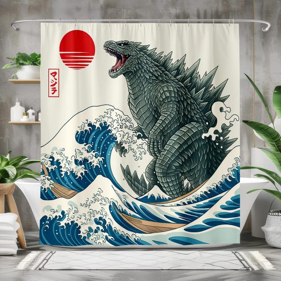 Godzilla Shower Curtain in Japanese Art Style, Great Wave Ocean Print Bathroom Decor, Bold Monster Design Polyester Curtain, Multiple Sizes