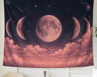 Pink Moon Phases Tapestry – Celestial Wall Art with Lunar Cycle, Boho Dreamy Galaxy Decor, Witchy Bedroom Aesthetic Spiritual Gift