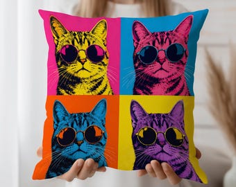 Pop Art Katze Kissenbezug, Buntes Retro Katzen-Dekor, Funky Katzenliebhaber Geschenk, Warhol Style Katzenkissen, Moderne Kunst Dekokissenbezug
