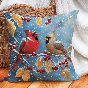 Cardinal Birds Throw Pillow Cover, Cotton Linen Pillowcase, Winter Red Birds Cushion, Snowy Nature Decor, Holiday Pillow, Sofa Cushion