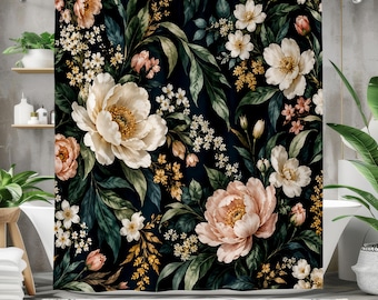 Dark Floral Shower Curtain, Moody Peony Flower Bathroom Decor, Black Botanical Bath Curtain, Vintage Romantic Floral Art, Cottagecore Decor