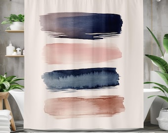 Cortina de ducha abstracta moderna con diseño de pinceladas en azul marino y rubor, decoración estética para el baño, cortina de tela impermeable para hogares bohemios.