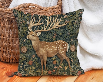 Deer Woodland Throw Pillow Cover - Rustic Cotton Linen Cushion Cover Greenery William Morris Inspired
