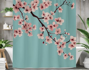 Japanese Cherry Blossom Shower Curtain, Waterproof Fabric Bath Curtain, Elegant Sakura Floral Bathroom Decor, Zen Inspired Design