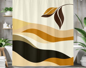 Cortina de chuveiro com folhas em tons de terra – Design neutro ondulado abstrato – Decoração de banheiro boho moderna