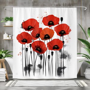 Red Poppy Shower Curtain, Modern Floral Bathroom Decor, Artistic Bath Curtain, Waterproof Fabric, Abstract Poppy Design Bold Botanical Decor