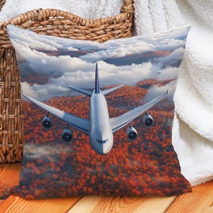 Airplane Throw Pillow Cover, Cotton Linen Pillowcase, Aviation Travel Cushion Cover, Pilot Gift Decor, Scenic Fall Landscape