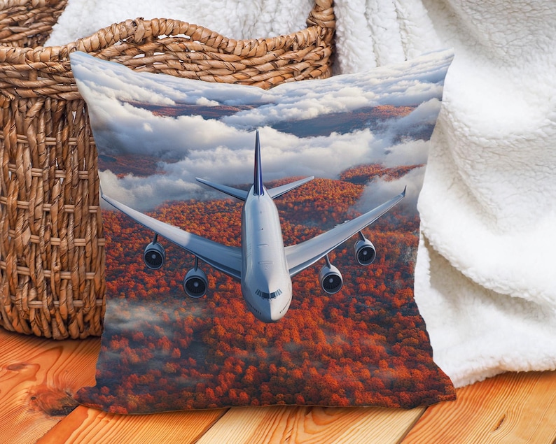 Airplane Throw Pillow Cover, Cotton Linen Pillowcase, Aviation Travel Cushion Cover, Pilot Gift Decor, Scenic Fall Landscape