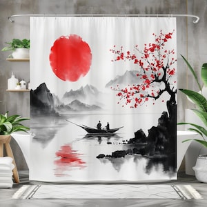 Japanese Red Sun and Cherry Blossom Shower Curtain, Waterproof Fabric Bath Curtain, Zen Landscape Design, Nature Inspired Bathroom Decor