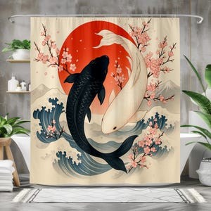 Japanese Koi Shower Curtain, Black and White Fish with Red Sun and Cherry Blossoms, Zen Bathroom Art, Oriental Wave Decor, Tranquil Gift