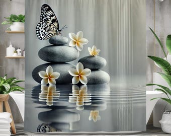 Zen-Steine und Schmetterling Duschvorhang, wasserdichter Stoff-Badezimmervorhang, elegantes Badezimmerdekor, ruhiges Spa-Design, friedlicher Rückzug zu Hause