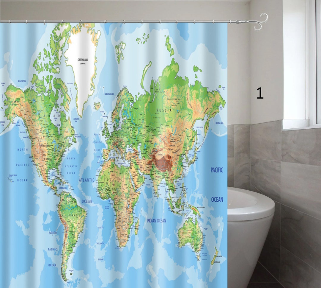 World Map Shower Curtain Map of the World Bath Decor Waterproof