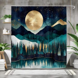 Nordic Abstract Landscape Moonlit Mountain Shower Curtain, Waterproof Fabric Bath Curtain, Gold and Teal Nature Bathroom Decor Forest Night