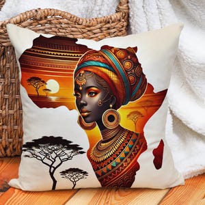 Housse de coussin femme africaine avec carte de coucher de soleil, coussin décoratif afrocentrique, élément décoratif tribal, cadeau culturel, coussin artistique mélanine