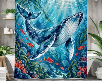 Humpback Whale Shower Curtain, Watercolor Ocean Bathroom Decor, Underwater Sea Life Curtain, Coastal Blue Marine Bath Decor