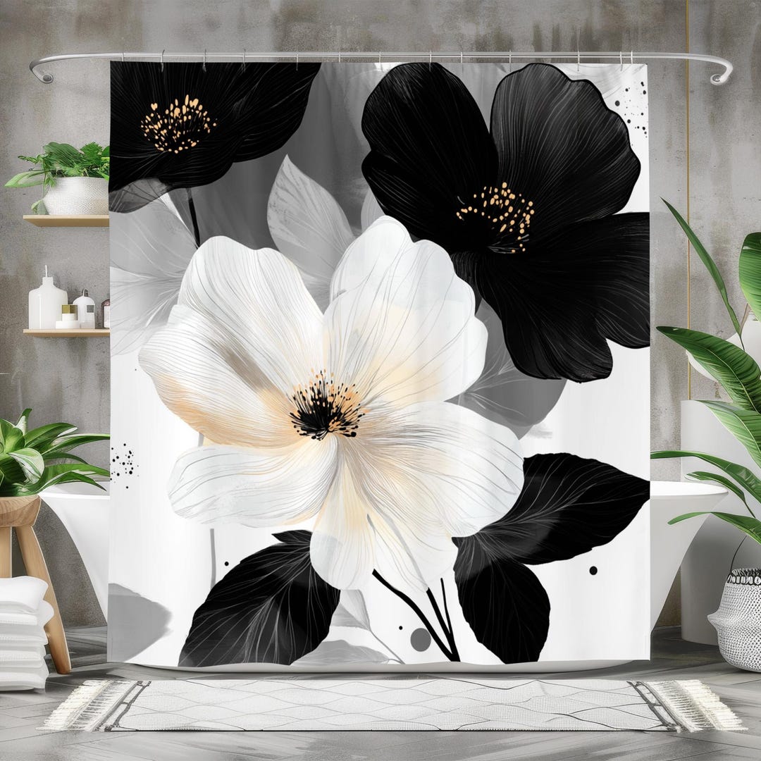 Elegant Black and White Floral Shower Curtain, Modern Minimalist Flower ...