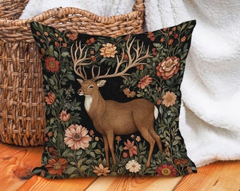 William Morris Art Inspired Deer Throw Pillow Cover - Cotton Linen Cushion for Rustic Nature Decor, Black and Earth Tones