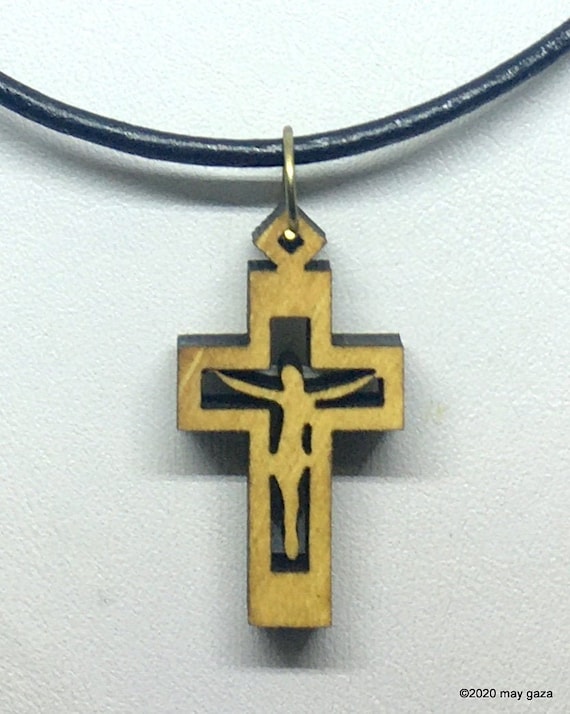 Jerusalem Olive Wood Crucifix Pendant Necklace With Real Leather