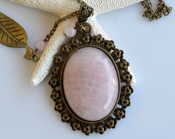 Collier Sautoir Bronze Avec Cabochon Et Perles De Quartz Rose - Longueur 56-60 Cm