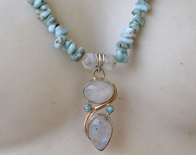 Collier En Argent Avec Larimar, Améthyste, Pierre De Lune Verte - Bijou Neuf Sans Emballage