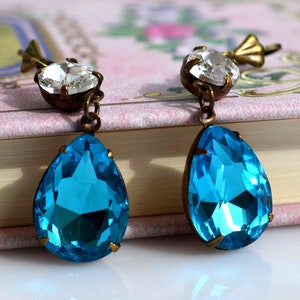 Rhinestone Earrings, Blue and White Crystal Glass Earrings, Blue Teardrop Earrings, Vintage Style Earrings, Bronze Earrings, RH 56