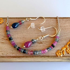 Sapphire Necklace, Sapphire Earrings, Pink and Blue Sapphire Necklace, Pink and Blue Sapphire Mismatched Earrings, Gemstone Set, OOAK, 450