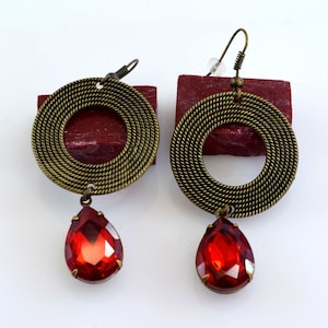 Red Rhinestone Earrings, Red Teardrop Earrings, Red Crystal Glass Earrings, Bronze Earrings, Boho Earrings, Vintage Style Earrings, RH 27