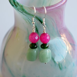 Aventurine Earrings, Agate Earrings, Gemstone Earrings, Green Pink Earrings, Semi Precious Earrings, OOAK Earrings, 538