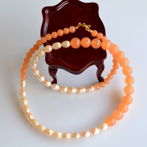Pearl Necklace, Agate Necklace, Gemstone Necklace, Freshwater Pearl Necklace, Orange Beige Necklace, OOAK Necklace, 146