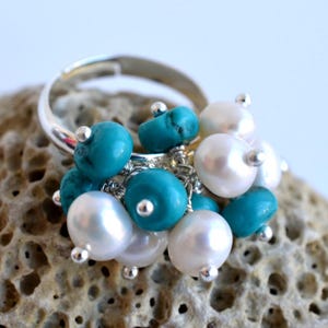 Pearl Ring, &quot;Turquoise&quot; Ring, Dangle Ring, Freshwater Pearl Ring, Gemstone Ring, Semi Precious Ring, OOAK Ring, 232