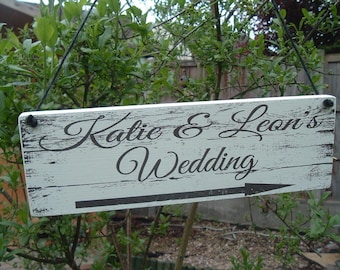 Distressed shabby chic Personalised directional this way wedding  Wooden Sign