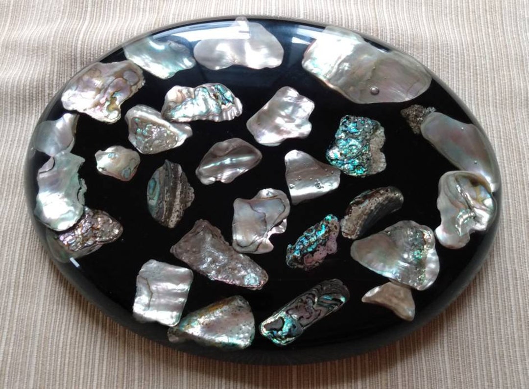 Vintage Résine Lucite Abalone Shell Black Oval Trivet Hot Etsy