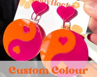Custom Colour Ying Yang or Love Heart Statement Acrylic Hanging Earrings