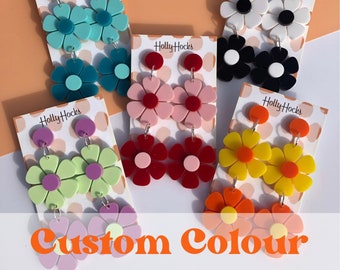 Custom Colour Double Daisy Flower Power Statement Hanging Earrings
