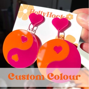 Custom Colour Ying Yang or Love Heart Statement Acrylic Hanging Earrings