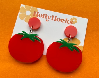 Lasercut red green tomato acrylic fruit food statement earrings