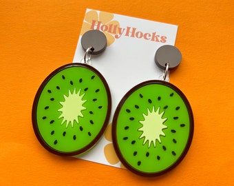 Lasercut kiwi green acrylic fruit food statement earrings