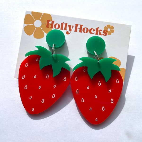 Red Strawberry Fruit Summer Statement Acrylic Hanging Earrings