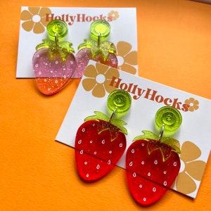 Glitter Red Strawberry Fruit Summer Statement Acrylic Hanging Earrings